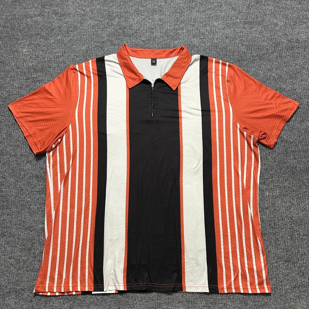 Manfinity Polo Shirt‎ Mens Size 5XL Black Orange Stripe Zip Collar Short Sleeve